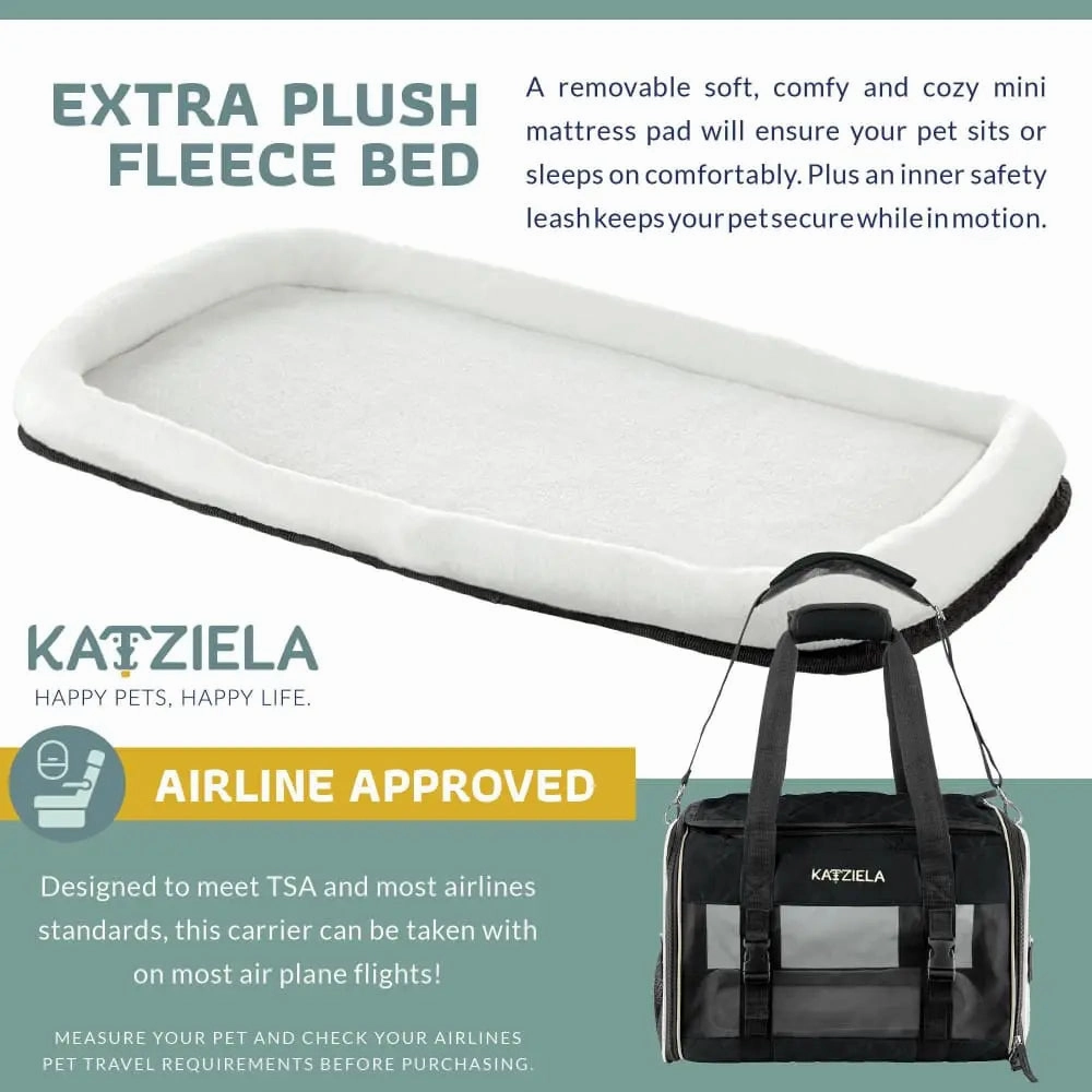 Katziela Deluxe Quilted Airline Approved Pet Dog & Cat Carrier for Airplane Travel