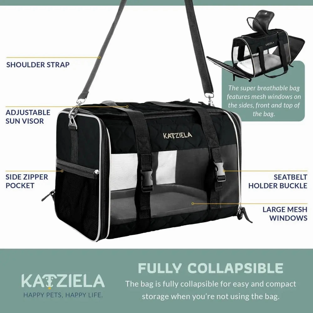 Katziela Deluxe Quilted Airline Approved Pet Dog & Cat Carrier for Airplane Travel