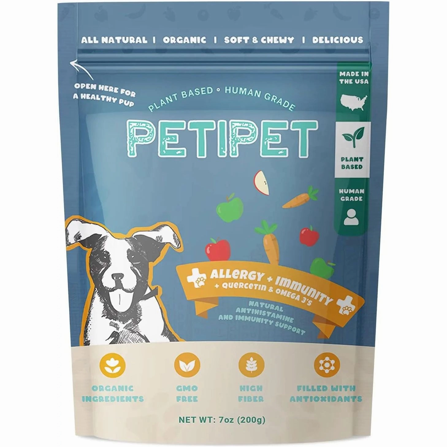 PETIPET Allergy   Immunity with Quercetin & Omega 3 Apple & Carrot Flavored Soft Chew Allergy Supplement for Dogs 7oz