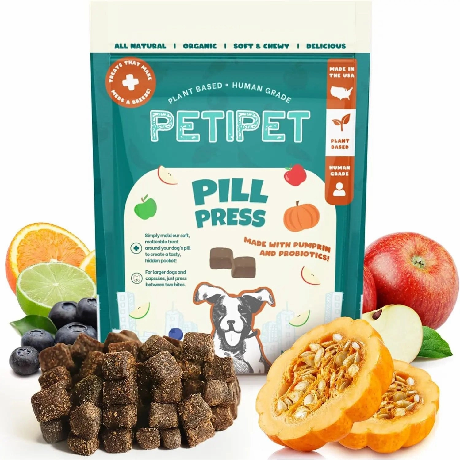 PETIPET Pill Press Dog Treats - Easy Capsule & Tablet Hider - Vegan Chews with Pumpkin & Probiotics 7oz