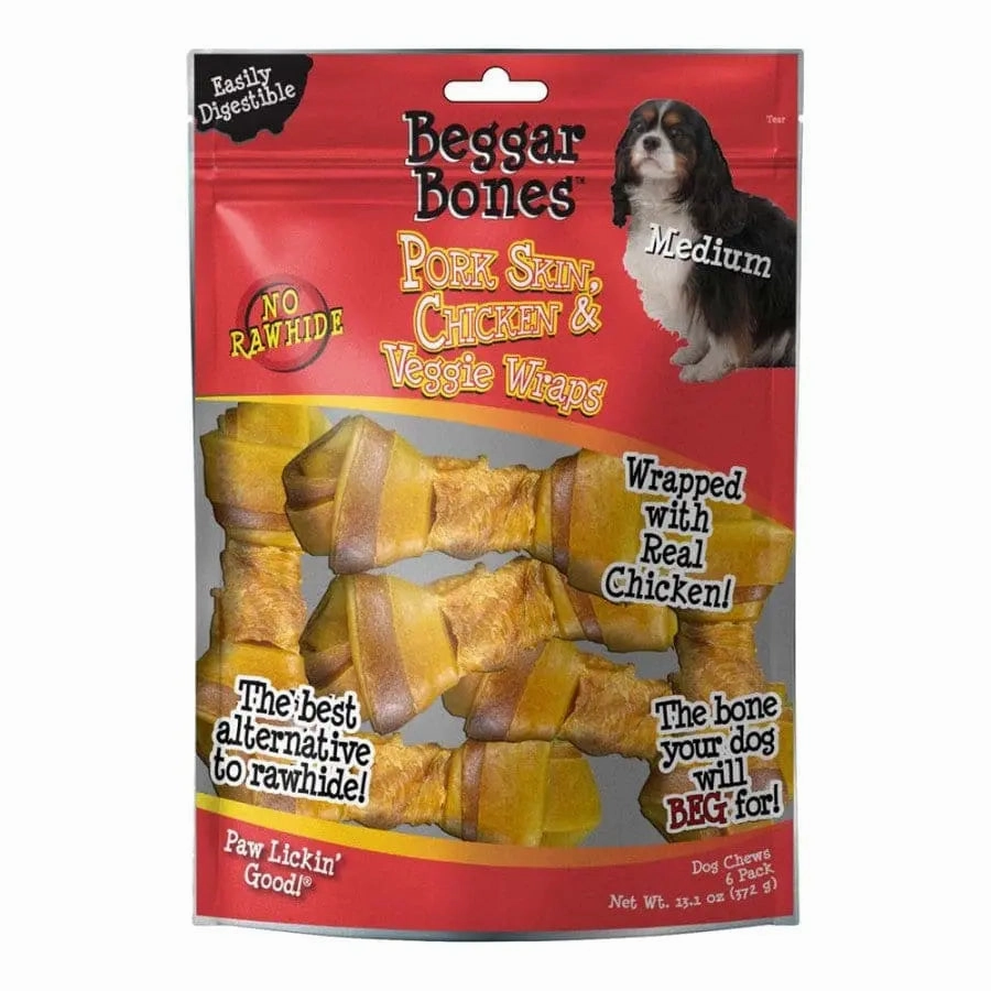 Savory Prime Beggar Bones Pork Skin, Chicken & Veggie Wraps Dog Treats
